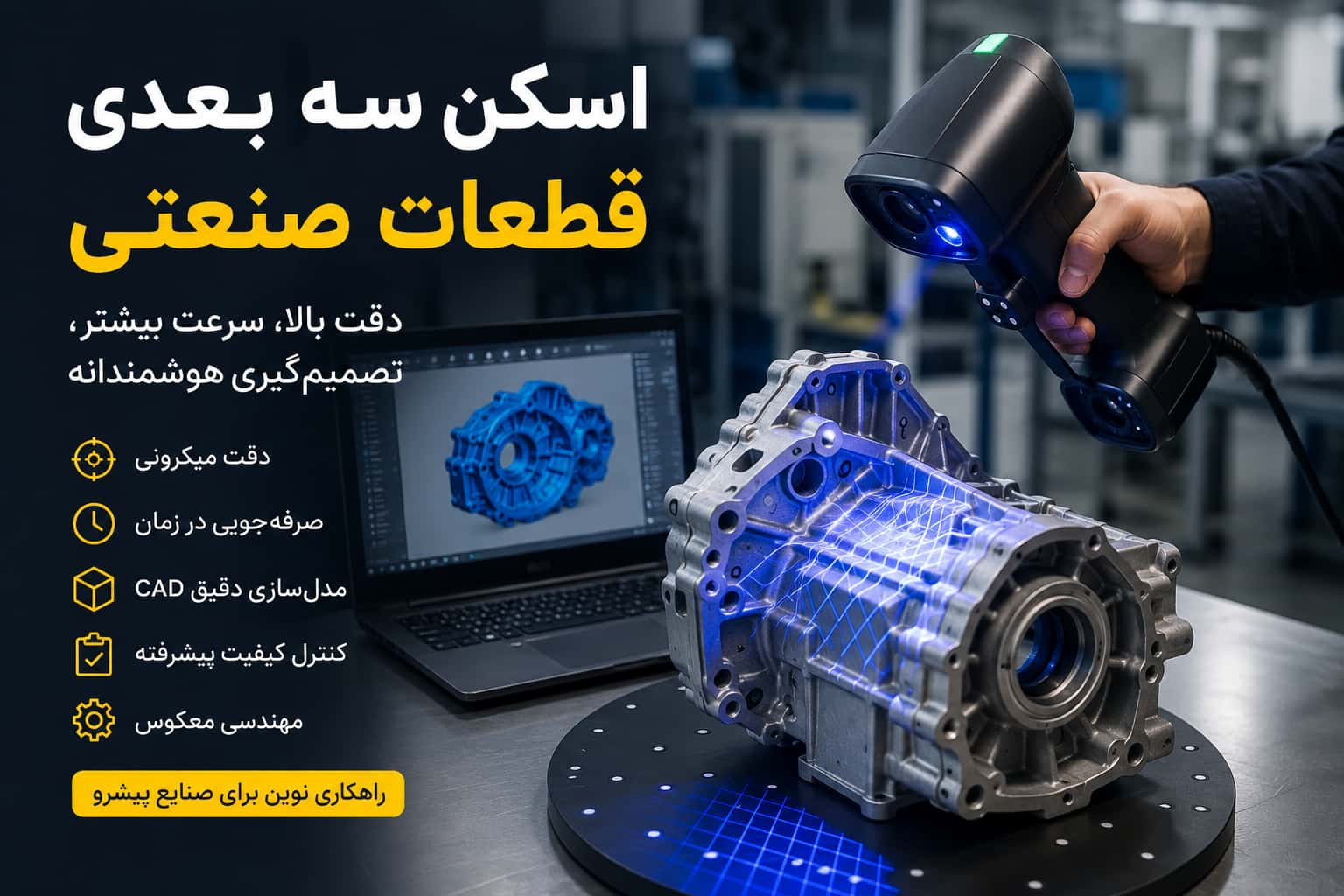 اسکن سه بعدی و مهندسی معکوس امکان بازسازی قطعات، طراحی مجدد و تولید سریع نمونههای صنعتی را فراهم میکنند.