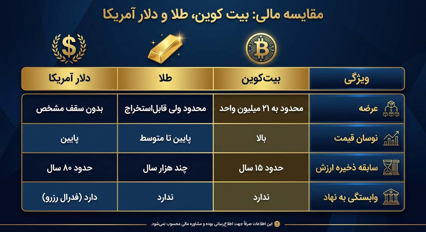 مقایسه مالی : بیت کوین، طلا، دلار آمریکا