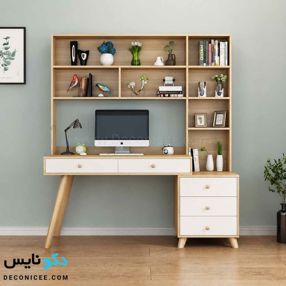 میز تحریر کتابخانه‌دار مدرن چوبی مدل MTK121 با طراحی مینیمال و کشوهای سفید